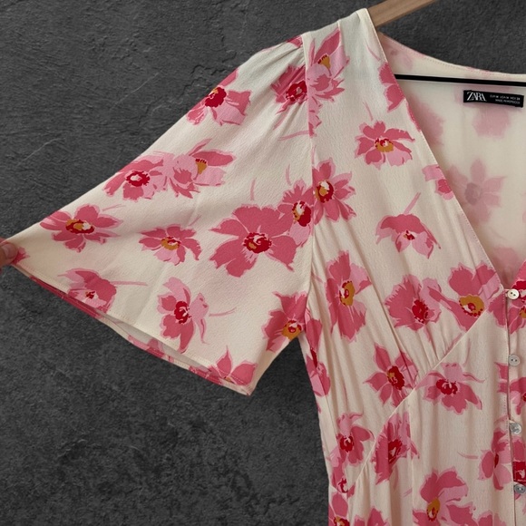 Zara Yellow Pink Floral Button Front Puff Sleeve Midi Dress Size M - Picture 10 of 16